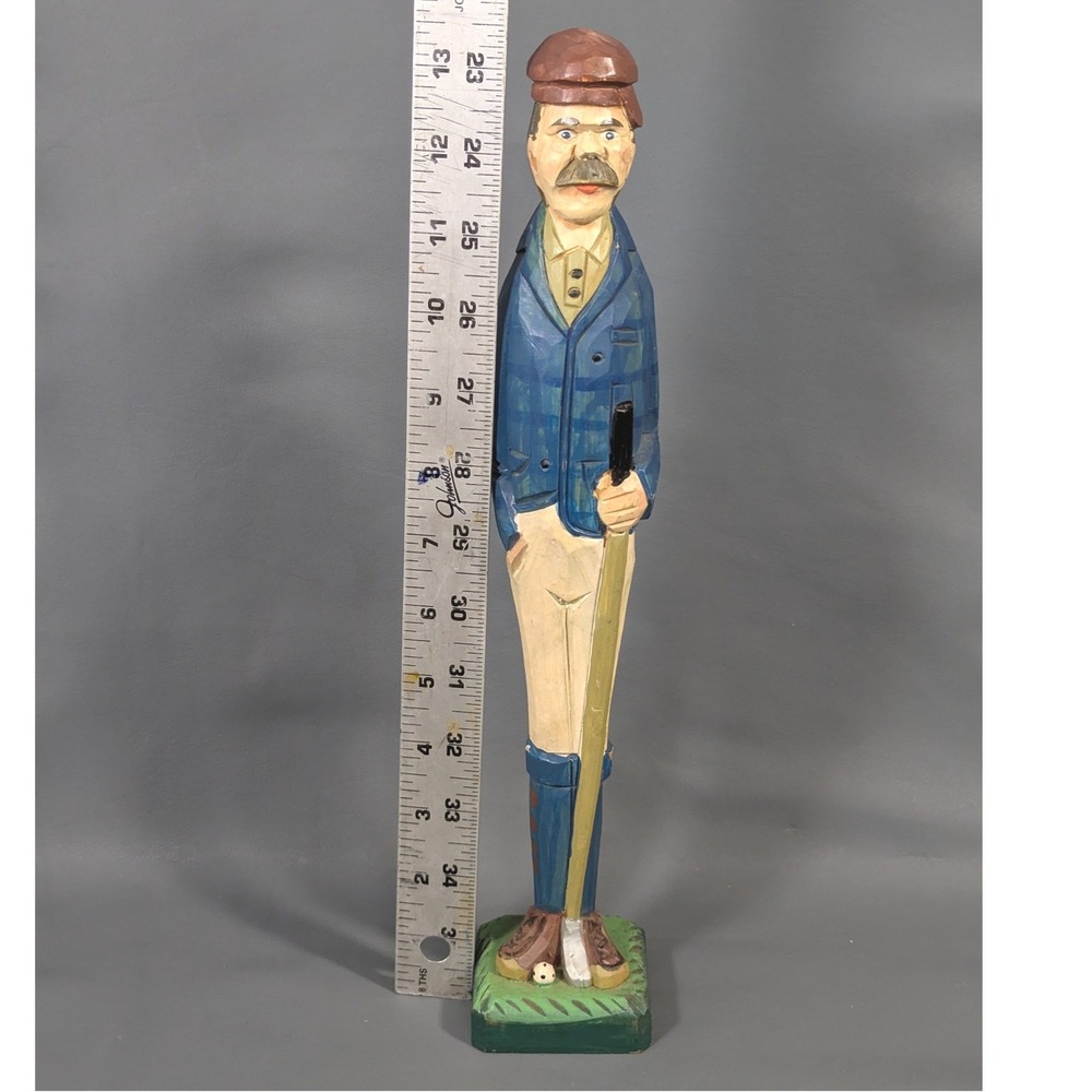 Vintage Hand Carved Wood Golfer Figurine Folk Art Statue 13.5 Inch